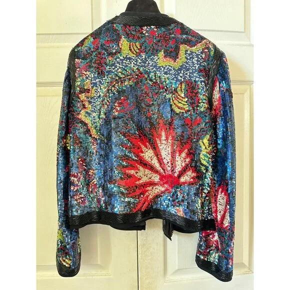Roberto Cavalli multicolor rainbow sequin beaded black silk leather jacket IT46